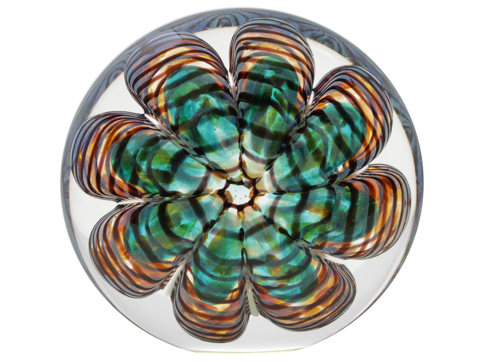 A VINTAGE ART GLASS PAPERWEIGHT: A collectible vintage art glass flat ball paperweight, with a unique design made with patterns and lines, transforming into an emerald-gold flower, opened if viewed from above. Signed and dated by the