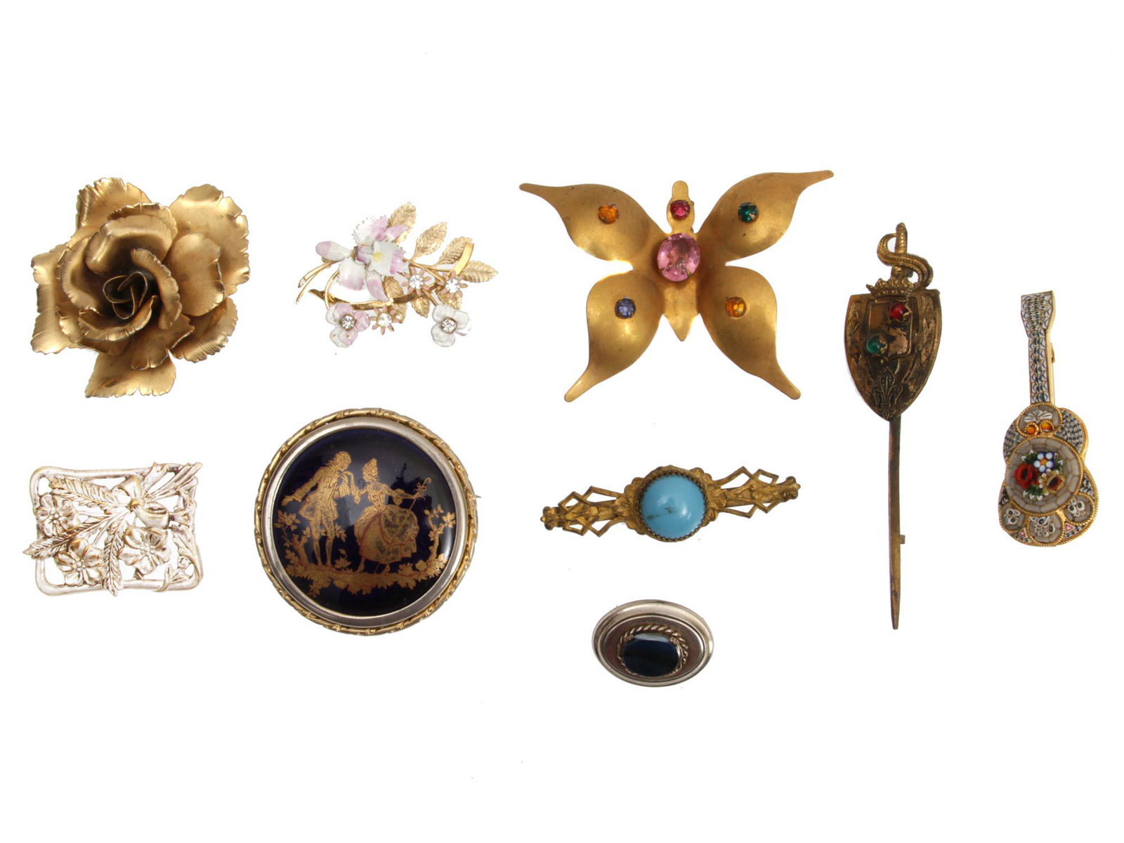 A LOT OF VINTAGE CUSTOM JEWELRY BROOCH: A lot of vintage custom jewelry items. Included various brooches: enameled, with stones and crystals, made of silver tone and gold tone metal, enameled brooch by Limoges France, a rose flower brooch b