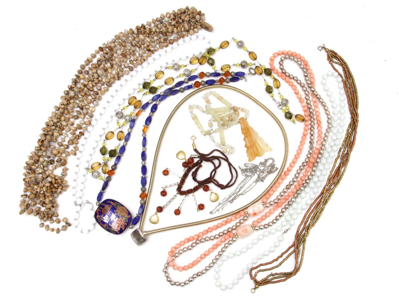A LOT OF VINTAGE CUSTOM JEWELRY NECKLACE PENDANT: A lot of vintage custom jewelry items. Included: multi strand layered necklace from natural stones, white bead necklace by Monet, a necklace with blue glass oval beads and blue enameled metal pendant,