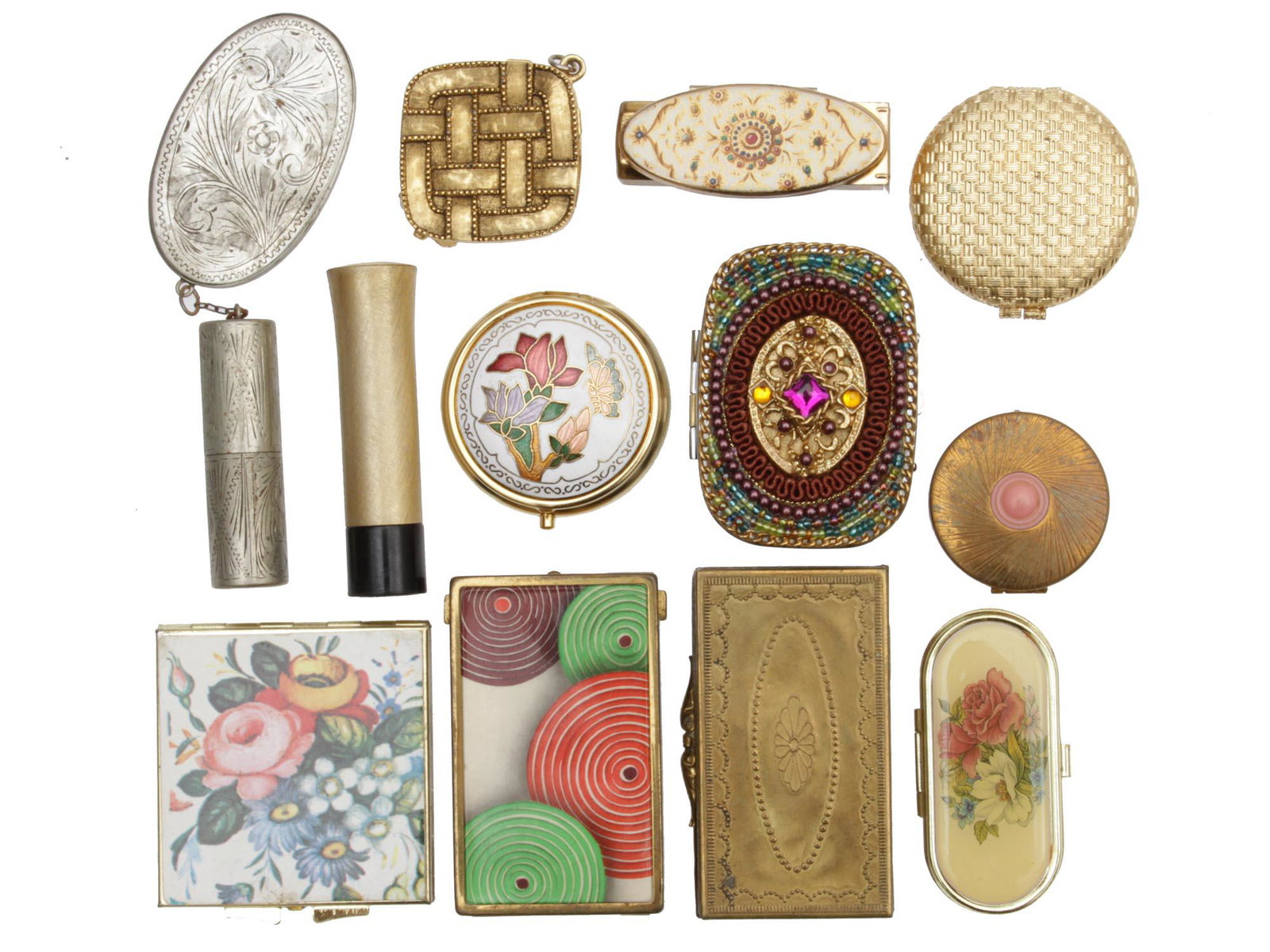 A LOT OF VINTAGE COMPACT AND COSMETIC BOX: A lot of vintage small caskets, jewelry boxes, and cosmetic compact boxes include lipstick case, powder case, and mirror case, made of gold tone and silver tone metal, decorated with carve, enamel, be