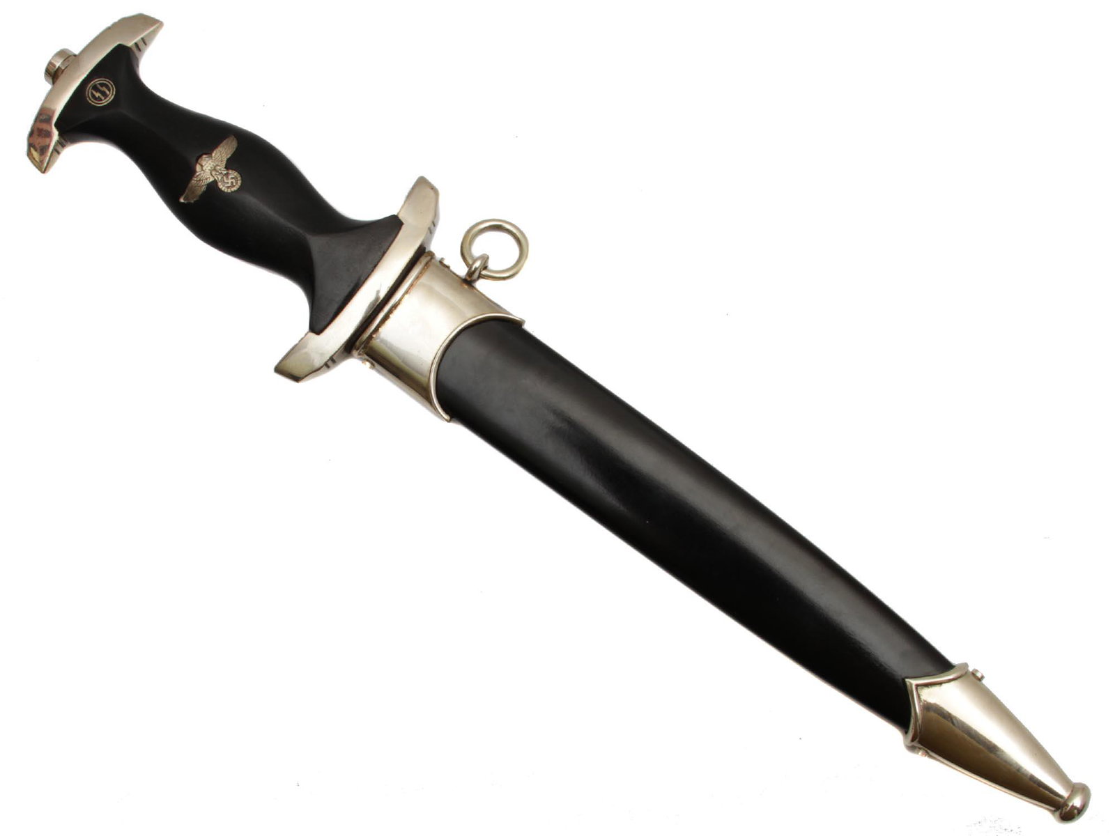 A WWII GERMAN 3RD REICH BOKER SS DAGGER W/ SCABBARD: WWII German SS dagger by Boker Solingen. The black wooden grip has an eagle with clutched swastika inlay. The blade is marked Boker Solingen on one side and 'Meine Ehre Heisst Treue on the other side.