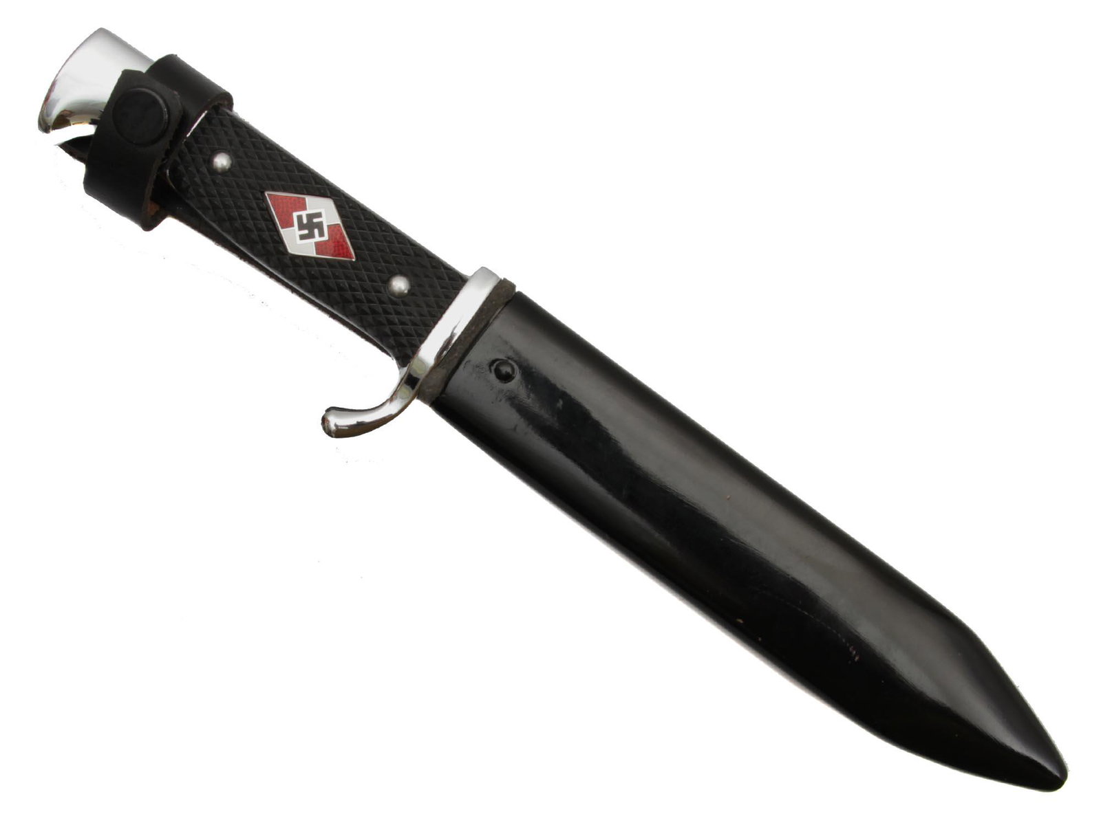 A WWII GERMAN HITLER YOUTH DAGGER WITH SHEATH: A very attractive WWII German Hitler Youth dagger with black painted steel scabbard. The black plastic grip has an enameled diamond with swastika inlay. The ricasso is marked RZM M7/38 and is etched o