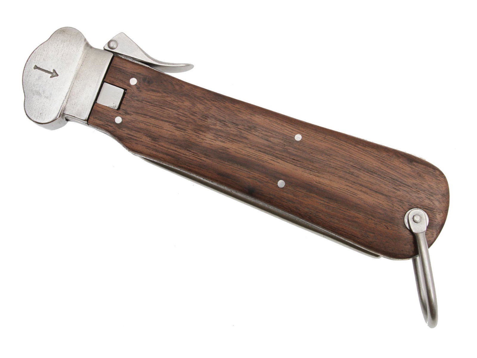 A WWII GERMAN PARATROPER GRAVITY KNIFE: WWII German Paratrooper Gravity Knife marked SMF Solingen Rostfrei. It has a nice wooden grip and a sharp blade. Dimensions: L: 7 1/8 in.