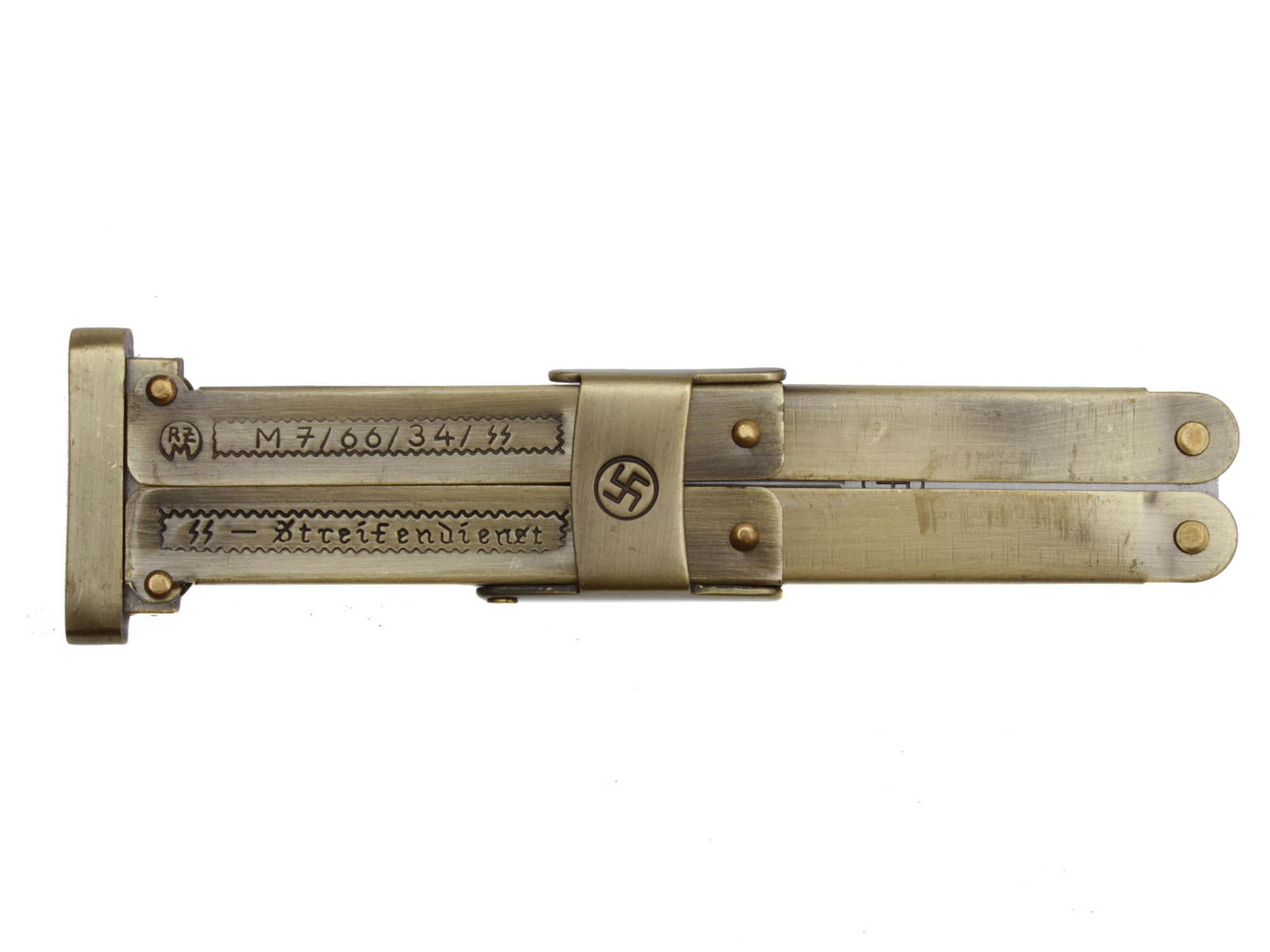 A WWII GERMAN NAZI SS PARATROOPER FOLDING KNIFE: WWII German Nazi Waffen SS Folding Knife Paratrooper. The ricasso is marked with the swastika symbol on one side and 'Made in China on the other side. The handle is marked: RZM M7/66/34/SS and Streife