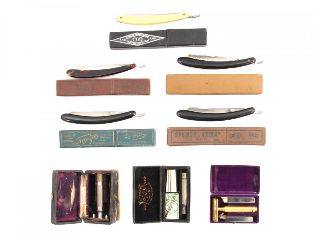 AN 8 VINTAGE SOVIET STRAIGHT AND SAFETY RAZORS: A lot of vintage Russian Soviet straight and safety razors in original cases by various manufacturers. Included three safety razors in boxes with Mosshtamp razor, and five straight razors such brands