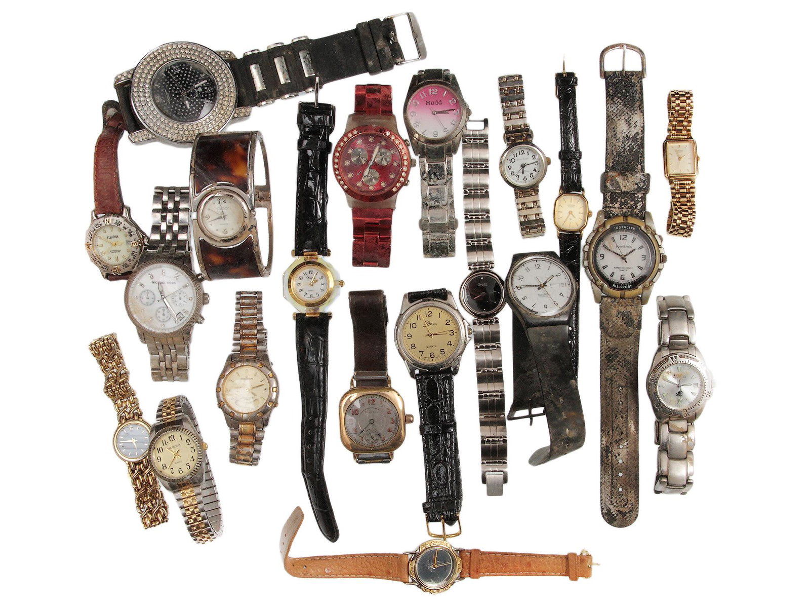 A SET OF VINTAGE WRISTWATCHES: A set of 20 vintage wristwatches from various manufacturers. Watches with straps and hard bracelets. Used condition. Dimensions: Various sizes.