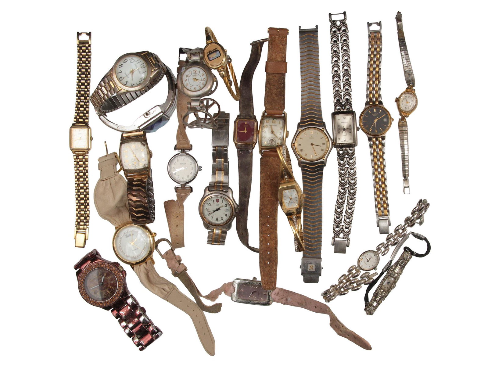 A SET OF VINTAGE WRISTWATCHES: A set of 20 vintage wristwatches from various manufacturers. Watches with straps and hard bracelets. Used condition. Dimensions: Various sizes.