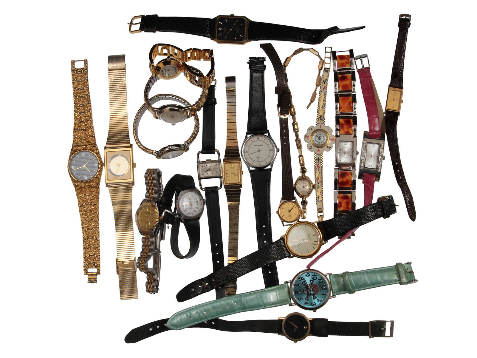 A LOT OF VINTAGE WRISTWATCHES: A set of 20 vintage wristwatches from various manufacturers. Watches with straps and hard bracelets. Used condition. Dimensions: Various sizes.