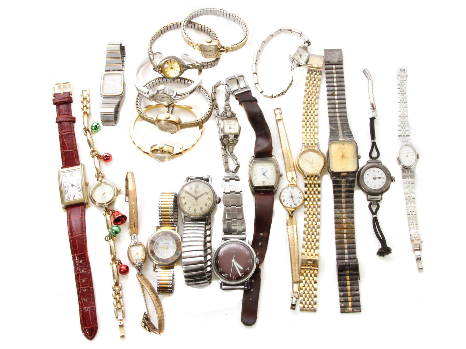 A LOT OF VINTAGE WRISTWATCHES SEIKO TIMEX: A lot of vintage wristwatches from different famous manufacturers, include Quartz watch, Seiko watch, Timex, and others watches with straps and bracelets from various materials. Dimensions: Various si