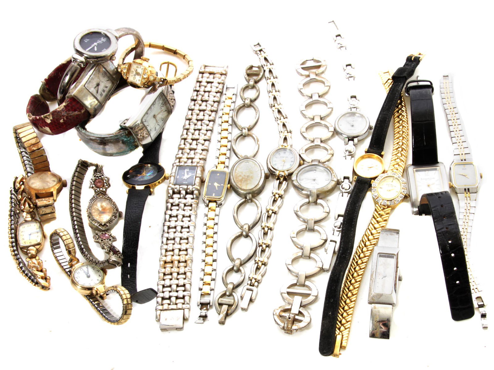 A VINTAGE WRISTWATCHES KENNETH COLE ESQ: A lot of vintage ladies wristwatches from different famous manufacturers, include Quartz watch, Kenneth Cole, ESQ, and others watches with straps and bracelets from various materials. Dimensions: Vari