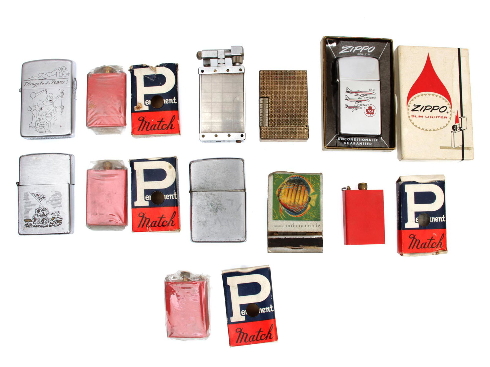 A LOT OF ZIPPO LIGHTERS AND PERMANENT MATCH: A lot of vintage petrol and gas lighters include petrol lighters by Zippo USA and permanent match by Mitsugiri MFG, contained a red plastic match with a screw-in brass match, and others. Dimensions: S