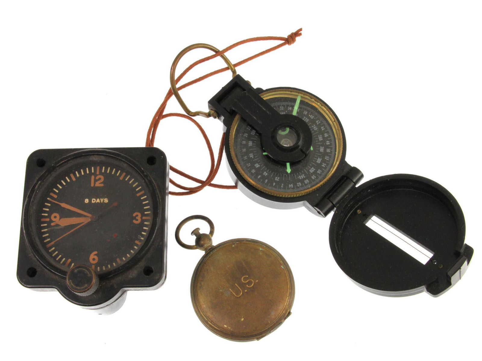 A LOT OF TWO VINTAGE COMPASS AND ONE JAEGER WATCH: A lot of three vintage compasses and a watch. First is 8 Days watch by Jaeger Watch Co U.S.A., Model 43A-4 A.M. REF. 106A/332. The second is the compass by Waltham in a gold-tone hunter-style case. Th