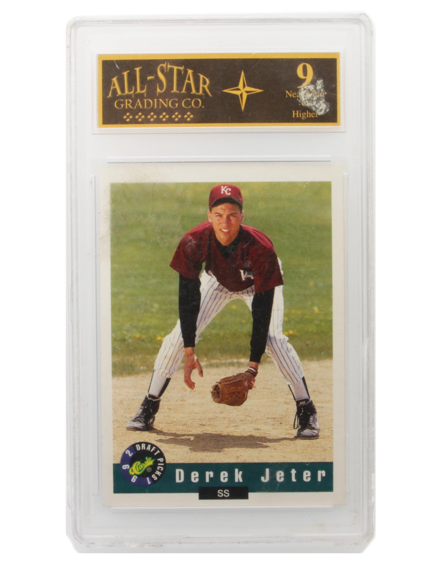 A VINTAGE COLLECTIBLE BASEBALL CARD: A collectible 1992 Draft Picks Derek Jeter Rookie card in a special protector. Dimensions: N/A