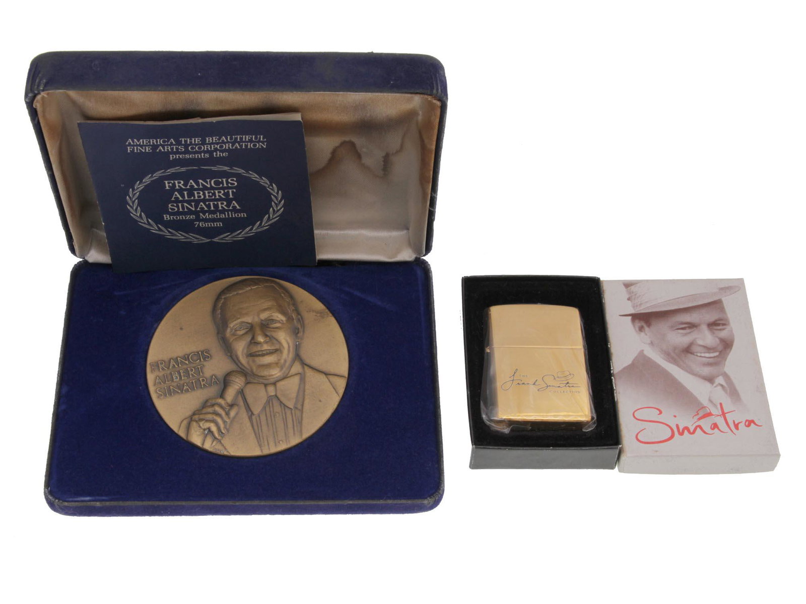 A VINTAGE FRANK SINATRA MEDAL AND ZIPPO LIGHTER: The lot includes:1. A Frank Sinatra Carnegie Hall commemorative bronze medal, produced in 1981. Designed by sculptor Caesar Rufo (signed at the lower left). Complete with an original box and COA. 2. A