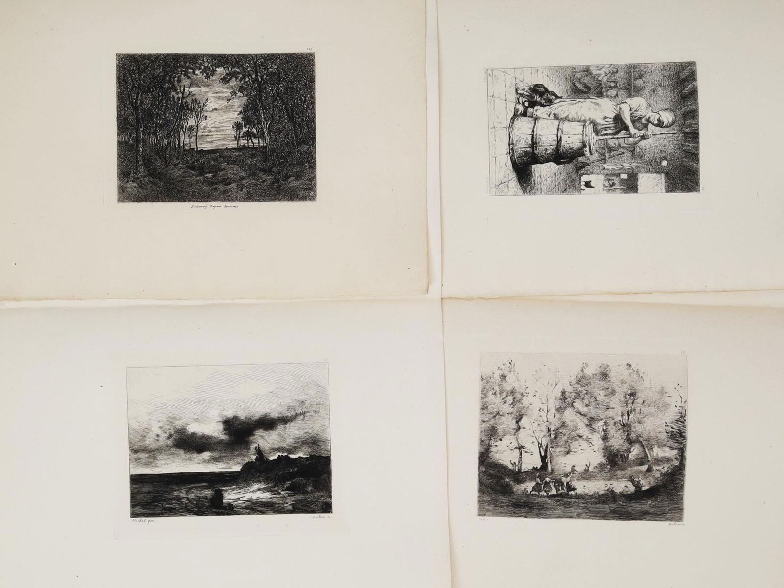 FOUR ANTIQUE FRENCH ETCHINGS 19TH C: The lot includes four French etchings, engraved after the painting by Georges Michel, after the painting by Theodore Rousseau, one after the painting by Camille Corot, and one after the painting by Je