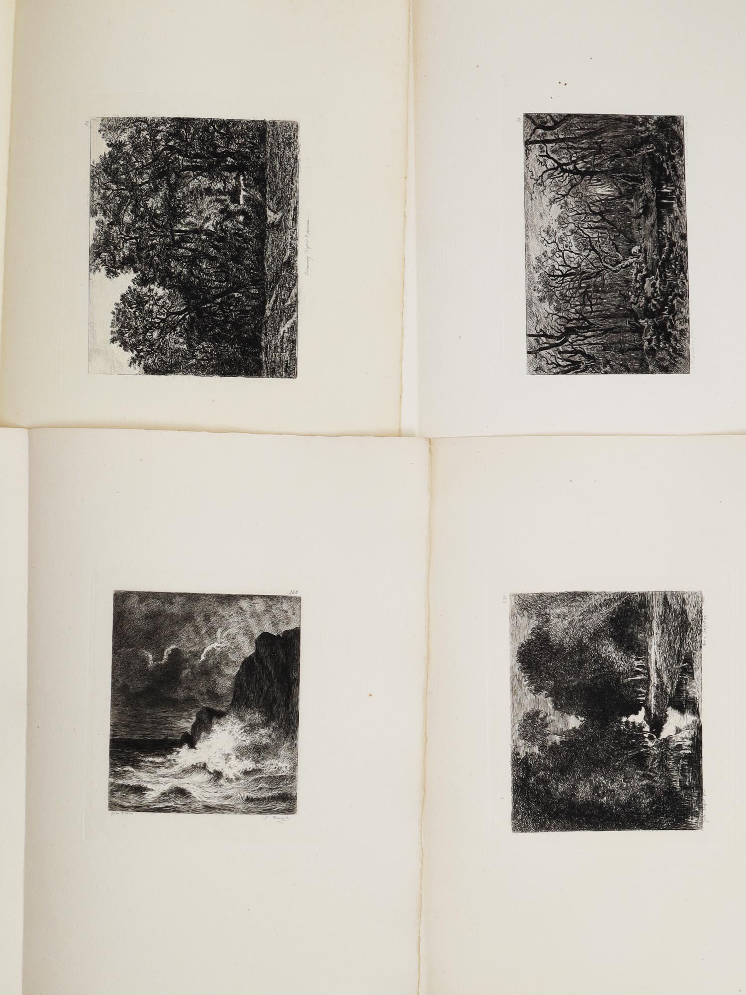 FOUR ANTIQUE FRENCH ETCHINGS 19TH C: The lot includes four French etchings, two engraved after the paintings by Jules Dupre and two after the paintings by Theodore Rousseau. Dimensions: Smallest: 11 5/8 x 8 in.Largest: 11 3/4 x 8 in.