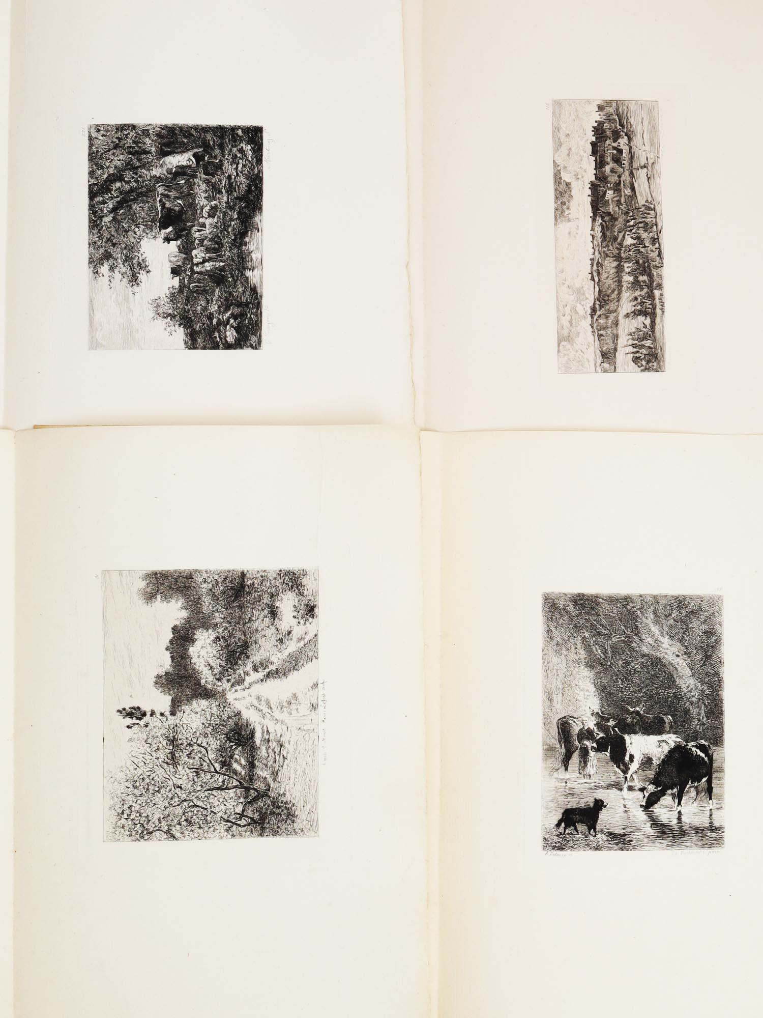 FOUR ANTIQUE FRENCH ETCHINGS 19TH C.: The lot includes four French etchings, engraved after the painting by Claude Monet, after the painting by Theodore Rousseau, after the painting by Constant Troyon, and one after the painting Julien de