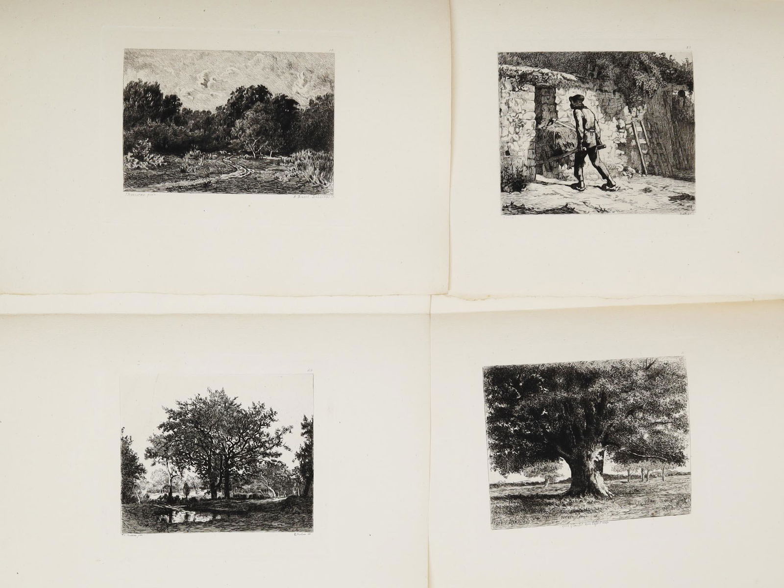 FOUR ANTIQUE FRENCH ETCHINGS 19TH C.: The lot includes four French etchings, two engraved after the painting by Theodore Rousseau, one after the painting by Gustave Courbet, and one after the painting by Jean FranÃ§ois Millet. Dimension