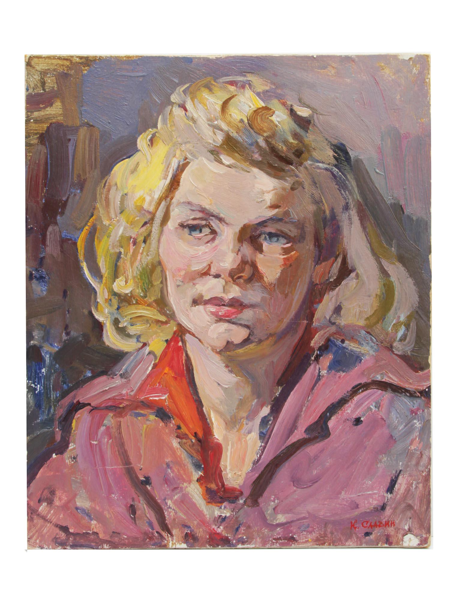 A RUSSIAN OIL PAINTING BY KIM SLAVIN: An oil on masonite Portrait of a Young Restorer by Kim Nikolaevich Slavin (Russian, 1928-1991). Signed lower right and signed and titled additionally verso. Dimensions: 15 1/4 x 12 1/2 in.