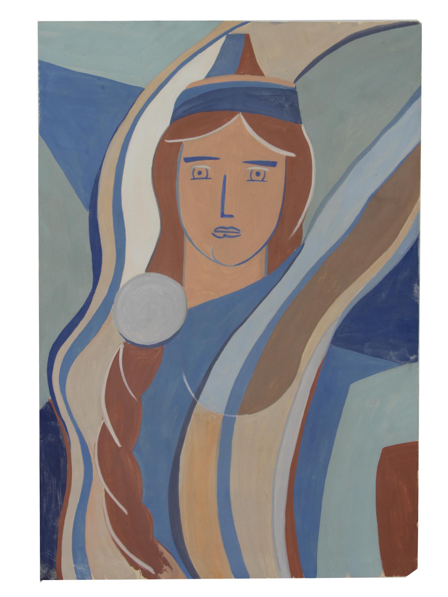 A RUSSIAN GOUACHE PAINTING BY NIKOLAJ KARAHAN: A Nikolai Karahan gouache on cardboard painting with a portrait of a young woman. Signed verso.Karahan Nikolai Georgievich (1900 - 1970) - Soviet painter and graphic artist. Member of the Association