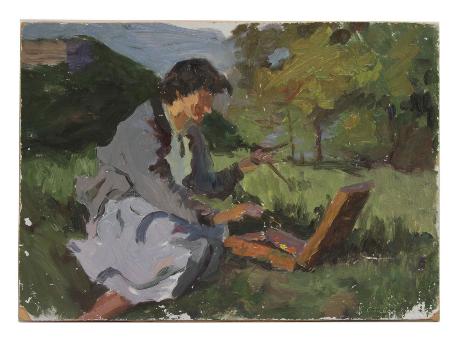 A RUSSIAN OIL PAINTING BY KIM SLAVIN: An oil on masonite Nina on Sketches by Kim Nikolaevich Slavin (Russian, 1928-1991). Signed lower right and signed and titled additionally verso. Dimensions: 13 1/4 x 9 1/2 in.