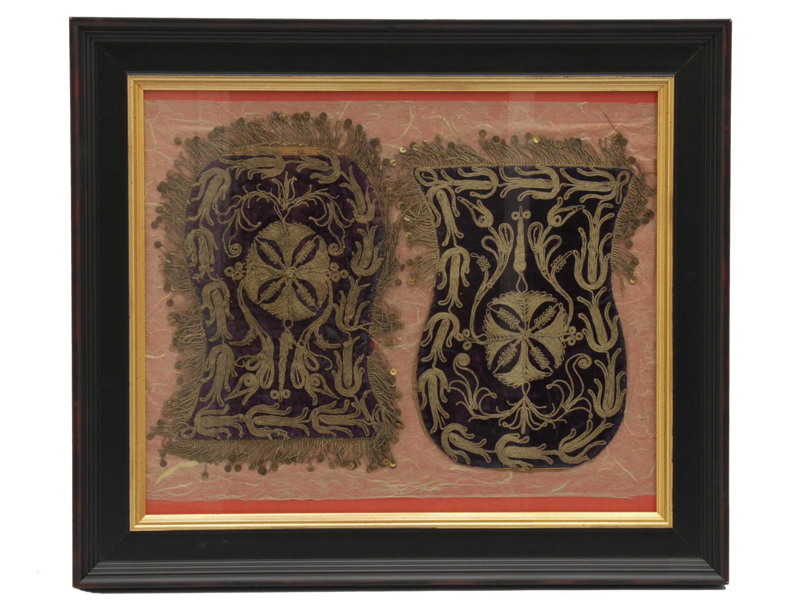 TWO FRAMED ANTIQUE EMBROIDERIES 19TH C: Two antique framed elaborate embroideries with golden threads on dark velvet. Framed with fringe with gold sequins. Presumably, Central Asia, late 19th century. Dimensions: Frame size: 19 1/2 x 16 3/4