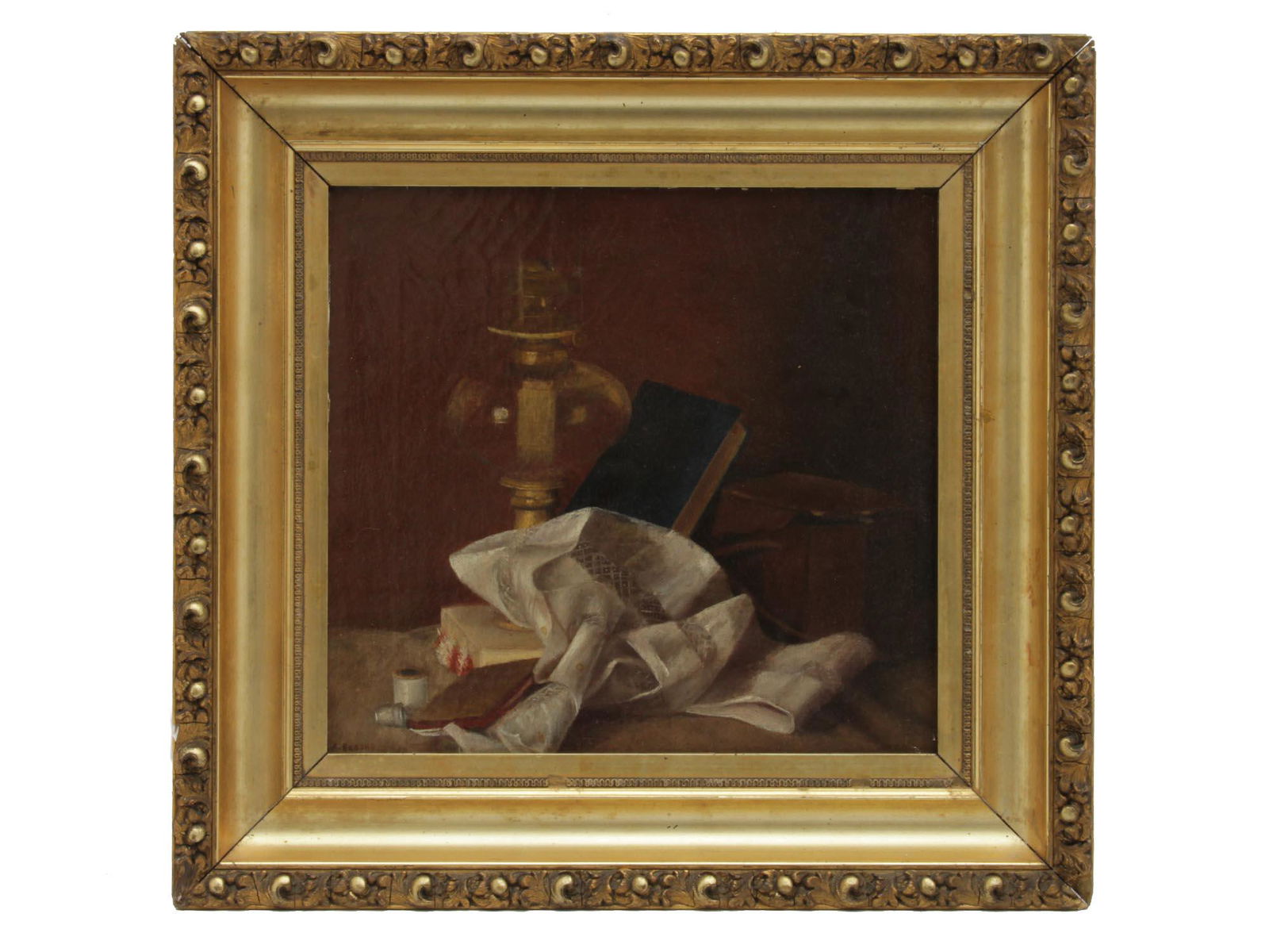 AN AMERICAN OIL PAINTING BY NICHOLAS ALDEN BROOKS: A Nicholas Alden Brooks (American, 1840 - 1904) oil on canvas Still Life with Oil Lamp, Book, and Linen. Signed lower left. Dimensions: Frame size: 19 3/4 x 19 in. Picture size: 13 1/2 x 12 1/2 in.