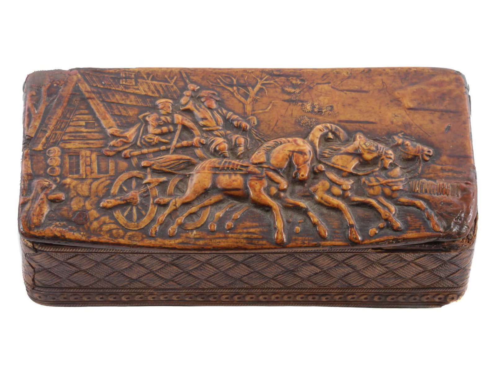 AN ANTIQUE RUSSIAN BIRCH BARK CASKET: A 19th-century birch bark casket with a carved relief plot on the lid depicting a Russian officer and a cabman in a cart pulled by three horses. The walls of the casket are decorated with birch bark w