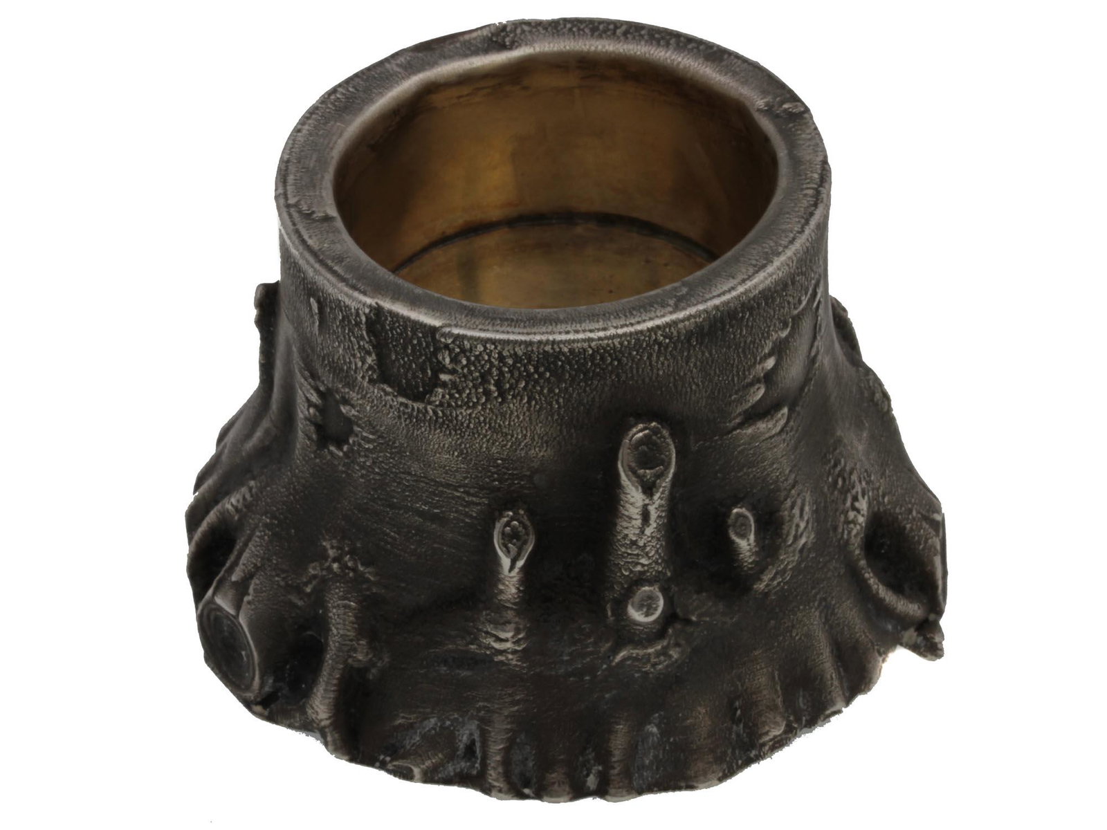 A RUSSIAN GILDED SILVER SALT CELLAR TREE STUMP: A Russian silver salt cellar carved in the form of a tree stump with a gilded interior. Marked on the bottom with Russian hallmarks, 84 silver mark, Kokoshnik, and assay mark in Cyrillic.Weight: 68.7 