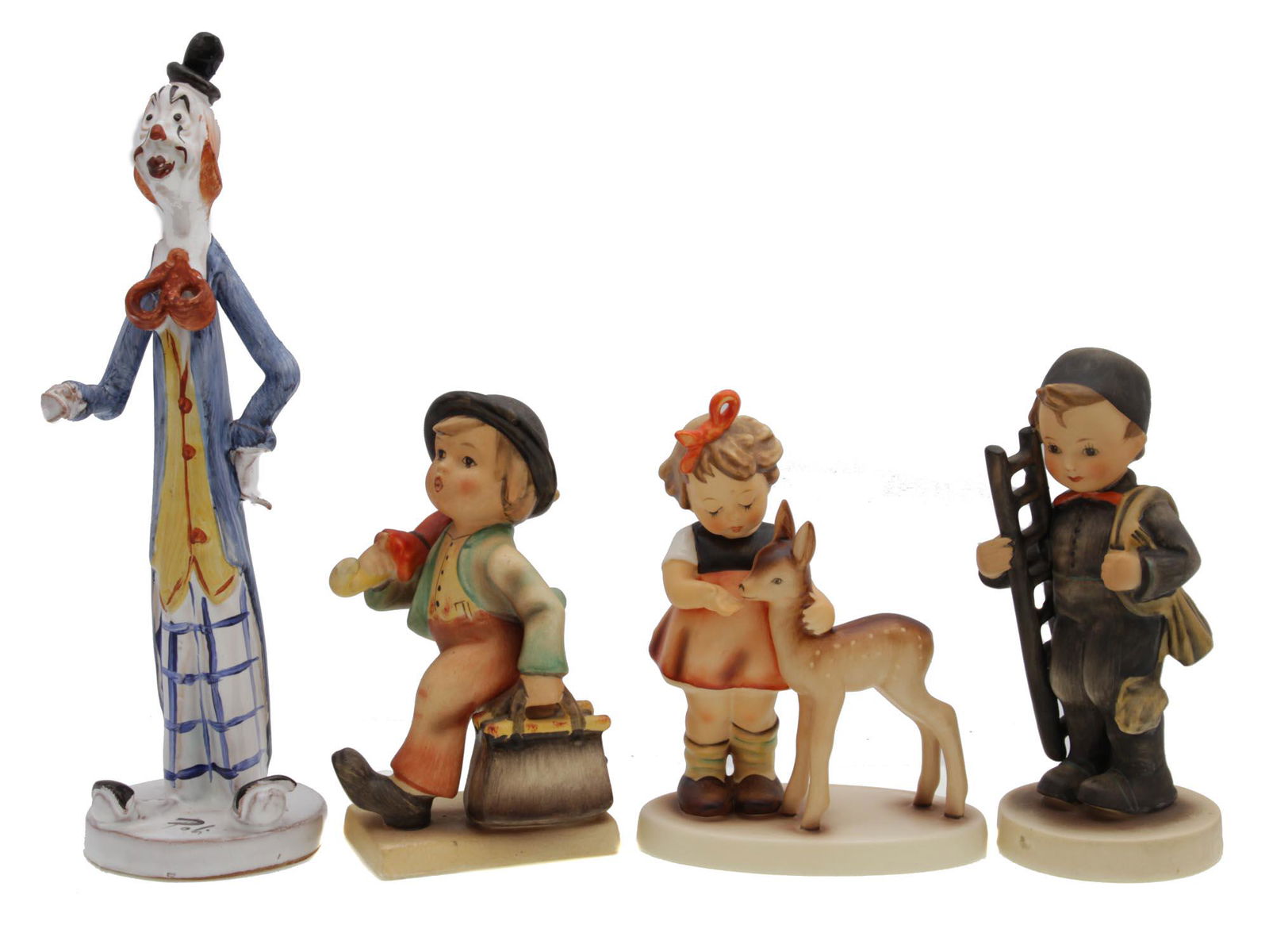 A LOT OF VINTAGE HUMMEL GOEBEL PORCELAIN FIGURINE: The lot includes three collectible M.J. Hummel figurines with children and a clown figurine, signed on the base: Poli, and also signed and numbered 72/222 at the bottom. Dimensions: Smallest H: 5 in.