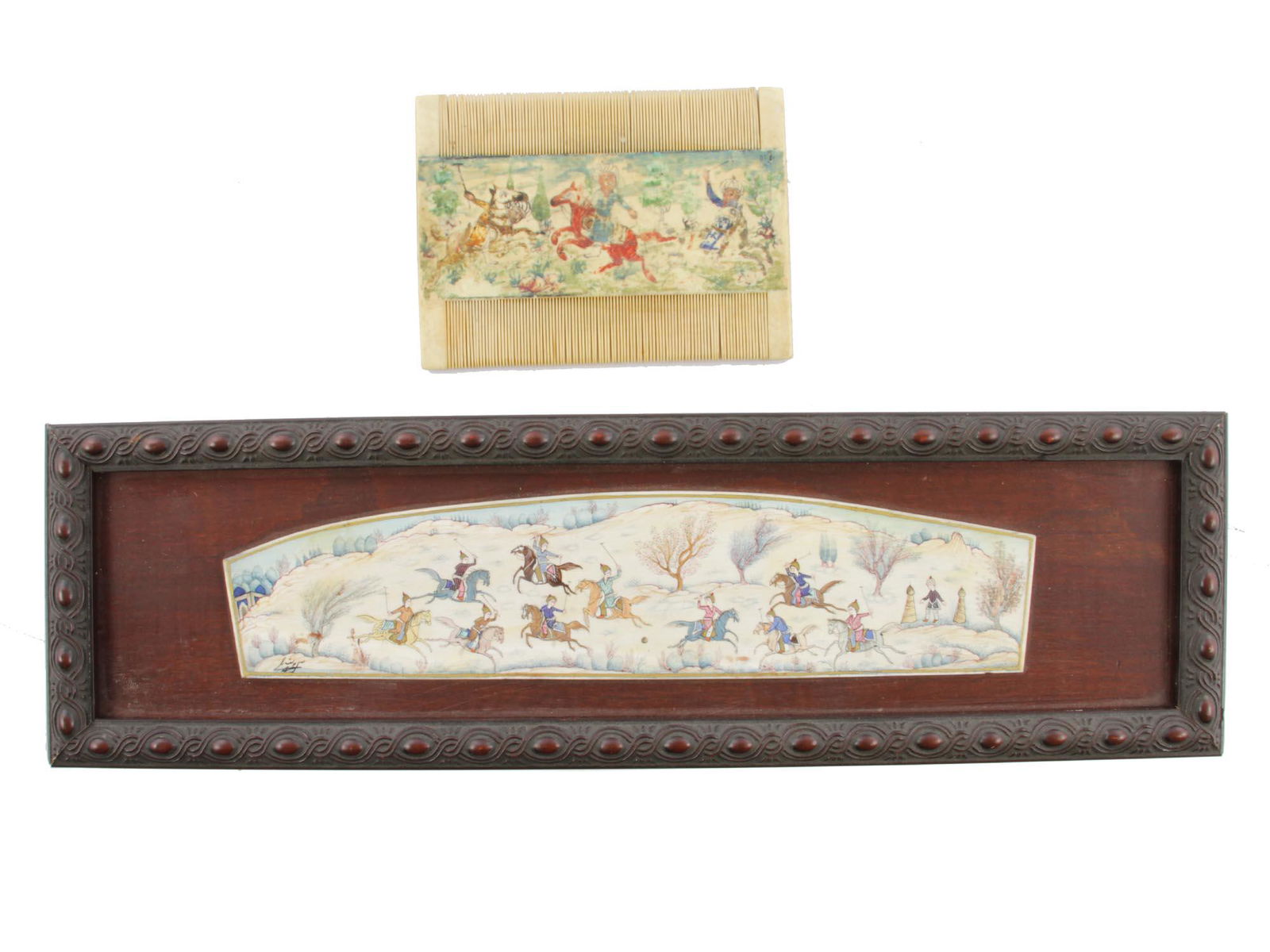 TWO ANTIQUE INDO-PERSIAN HAND-PAINTED BONE PLAQUE: The lot includes two early 20th-century Indo-Persian items: a framed panel hand-painted with a polo scene and signed lower left. Second item is comb, also hand-painted with a polo scene on one side an
