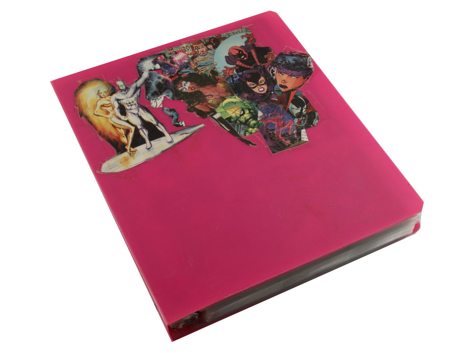 A LARGE SET OF VINTAGE COLLECTIBLE CARDS: A large set of collectible cards with superheroes and cartoon characters. In an album, hand-decorated with images of superheroes. Dimensions: N/A