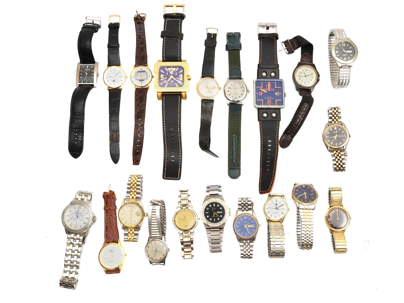 A LOT OF 20 VINTAGE WRISTWATCHES: A lot of twenty vintage women, men and unisex wristwatches from different famous manufacturers include Quartz watch, Telux watch, Seiko watch with straps and bracelets from various materials. Dimensio