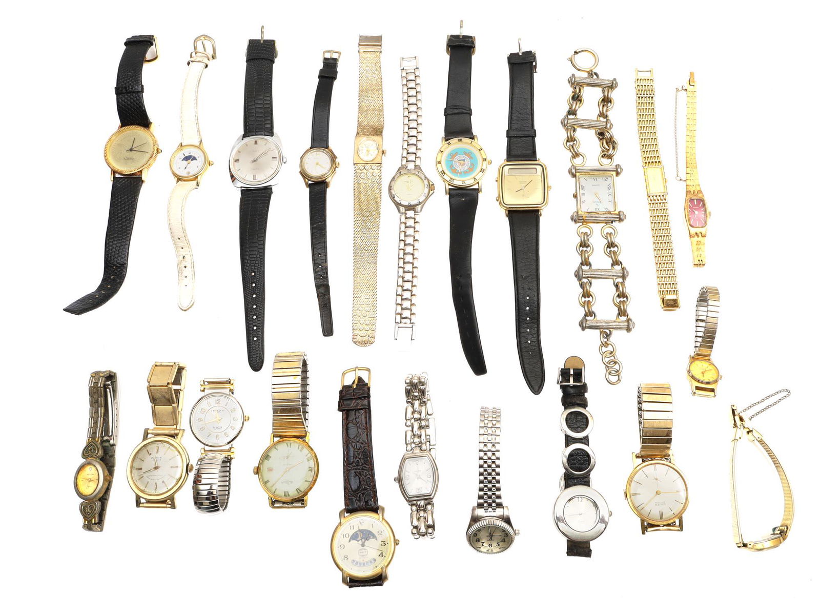 A LOT OF VINTAGE WRISTWATCHES OMEGA SEIKO: A lot of twenty-two vintage ladies women wristwatches from different famous manufacturers, include Quartz watch, Omega watch, Timex watch, Seiko watch with straps and bracelets from various materials.