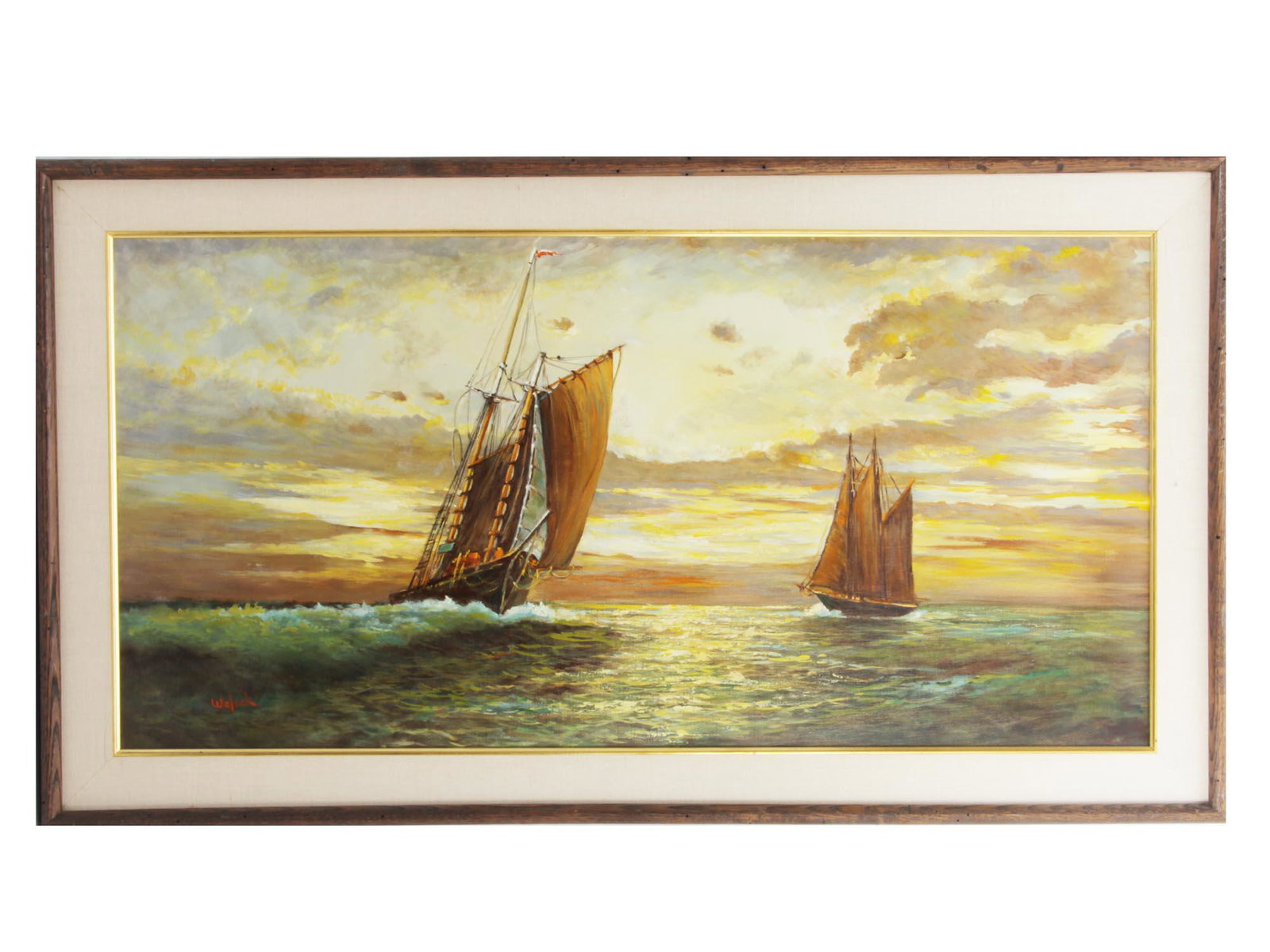 AN OIL PAINTING ON CANVAS SEASCAPE RICHARD WELSCH: Richard G. Welsch who was a 20th Century listed artist from Brooklyn, NY. A stunning oil painting depicting sea harbor with two ships at sunset. The painting is signed "Welsch" in lower left hand corn