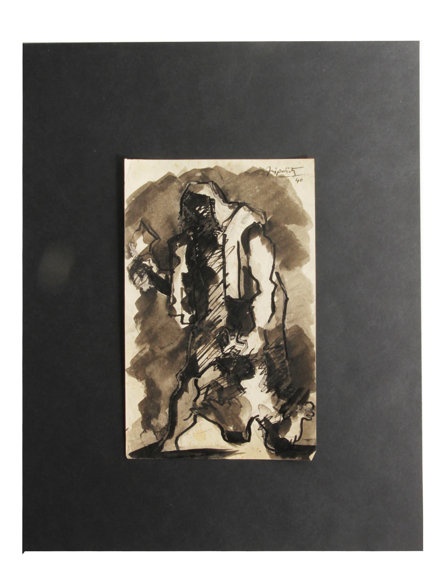 A JACQUES LIPCHITZ ORIGINAL INK ON PAPER PAINTING: A Jacques Lipchitz (French and American artist, 1891â€“1973), Study for Sacrifice, 1940, original ink painting on paper. Signed and dated 40 by the artist, higher right. Additionally, the lot inc