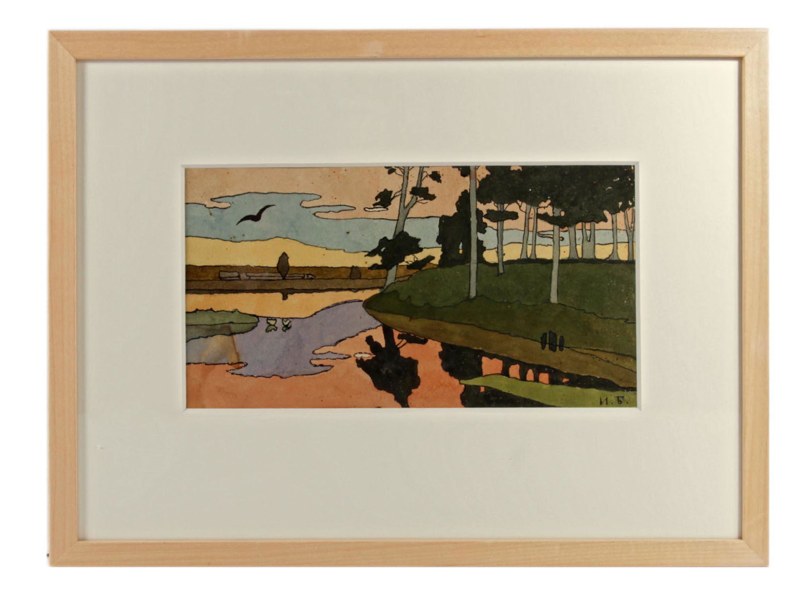 A RUSSIAN ORIGINAL PAINTING BY IVAN BILIBIN: A Russian antique original watercolor painting on paper depicting colorful landscape, by Ivan Iakovlevich Bilibin, 1876 - 1942. Signed by the artist in Cyrillic, lower right. Framed. Dimensions: Frame