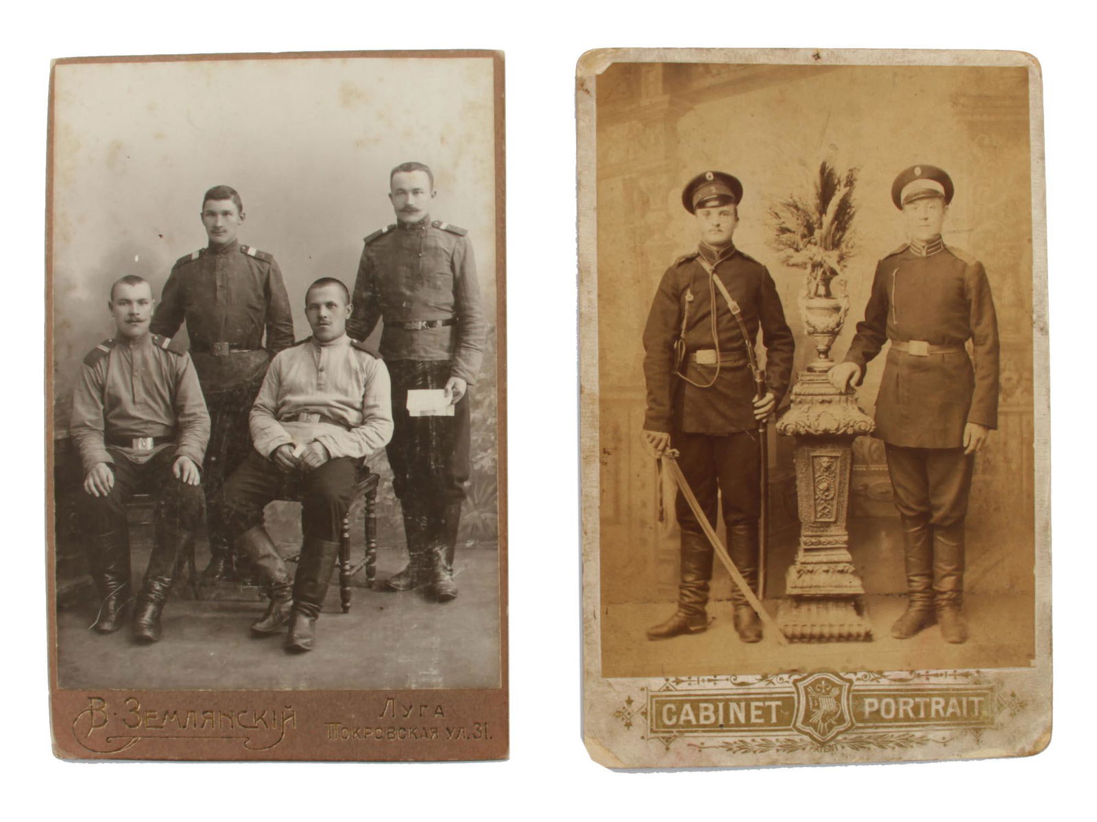 AN ANTIQUE TWO RUSSIAN PHOTOGRAPHS CABINET CARDS: A set of two Russian antique black and white photographs includes: one group photo of four Russian military men with the inscriptions in Russian address below, and "For the long memory", four Russian