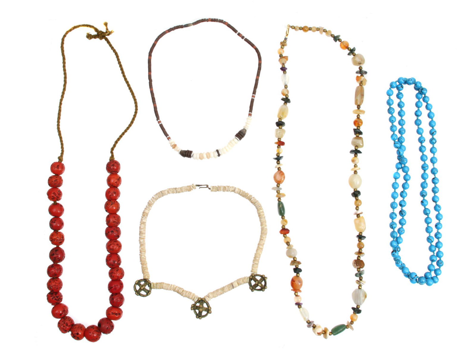 A LOT OF VINTAGE JEWELRY NECKLACE QUARTZ: A lot of vintage jewelry items. Included: red glass faux coral bead necklace, artificial turquoise bead necklace, multicolor quartz necklace, shell necklace. Dimensions: Smallest L: 14 1/2 in.Largest 