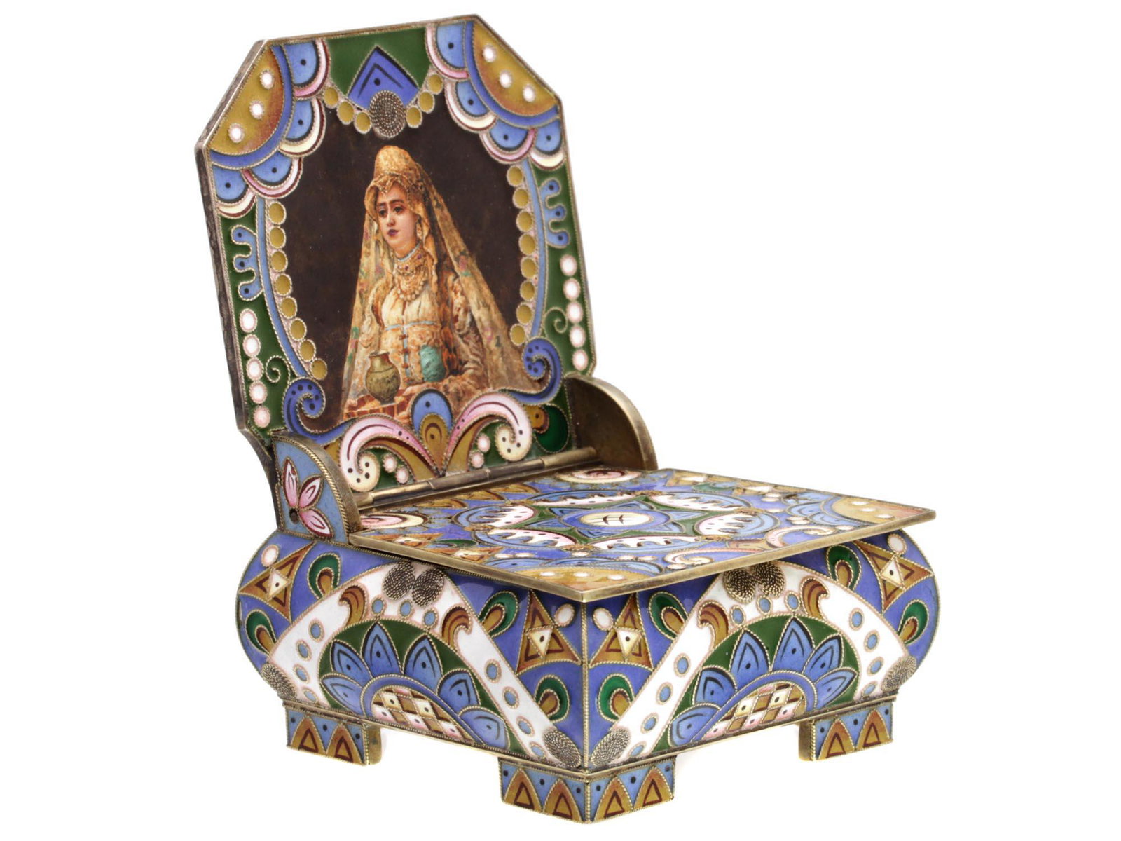A RUSSIAN GILDED SILVER ENAMEL SALT CELLAR THRONE: A Russian saltcellar throne chair made of 84 gilt-silver, with gilded silver interior, and gorgeous enameled exterior with blue, white, yellow, and green floral and geometrical patterns, made in clois