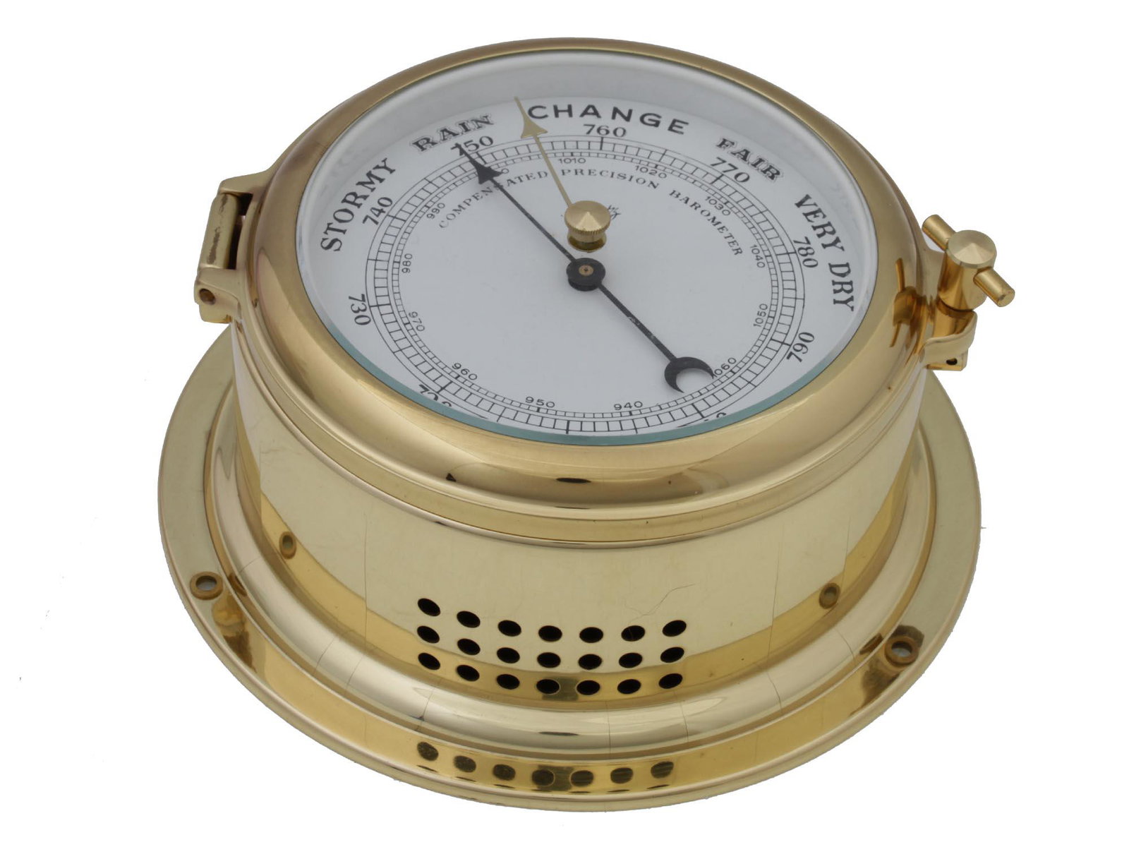 A VINTAGE SCHATZ BRASS MARINER BAROMETER: Vintage round mariner ships compensated precision barometer made of brass, by Schatz, Germany. Dimensions: D: 2 1/2 in.