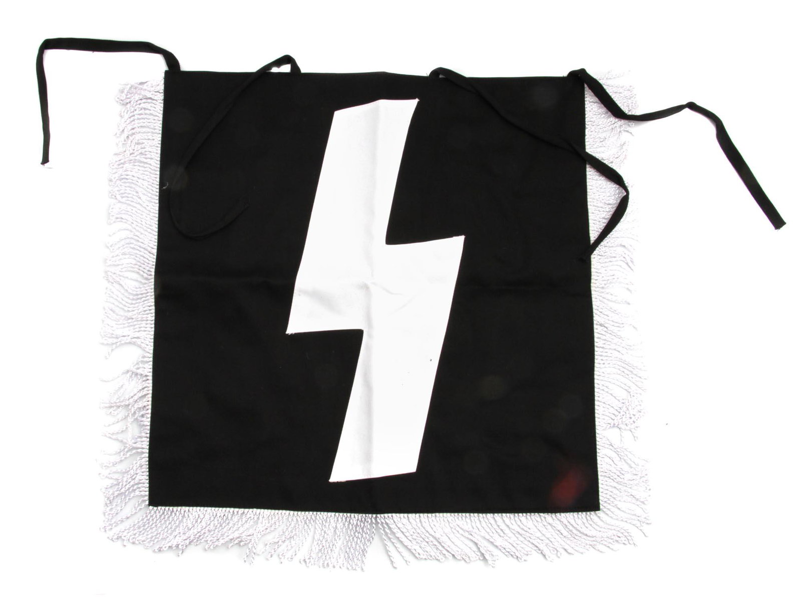 A WWII NAZI DEUTSCHES JUNGVOLK TRUMPET BANNER: A German Third Reich Deutsches Jungvolk DJ trumpet banner from black cotton with white fascist Sig rune symbol on each side and white fringe at the edges and bottom. On the upper part of the banner, t