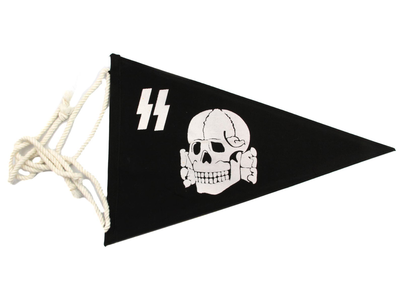 A WWII THIRD REICH NAZI WAFFEN SS VEHICLE PENNANT: A German Third Reich WWII Waffen SS vehicle pennant. Black cotton triangle with white ropes for holding, with white images of Waffen SS symbols - Double Sig rune and Totenkopf. Armed SS, the Waffen-SS