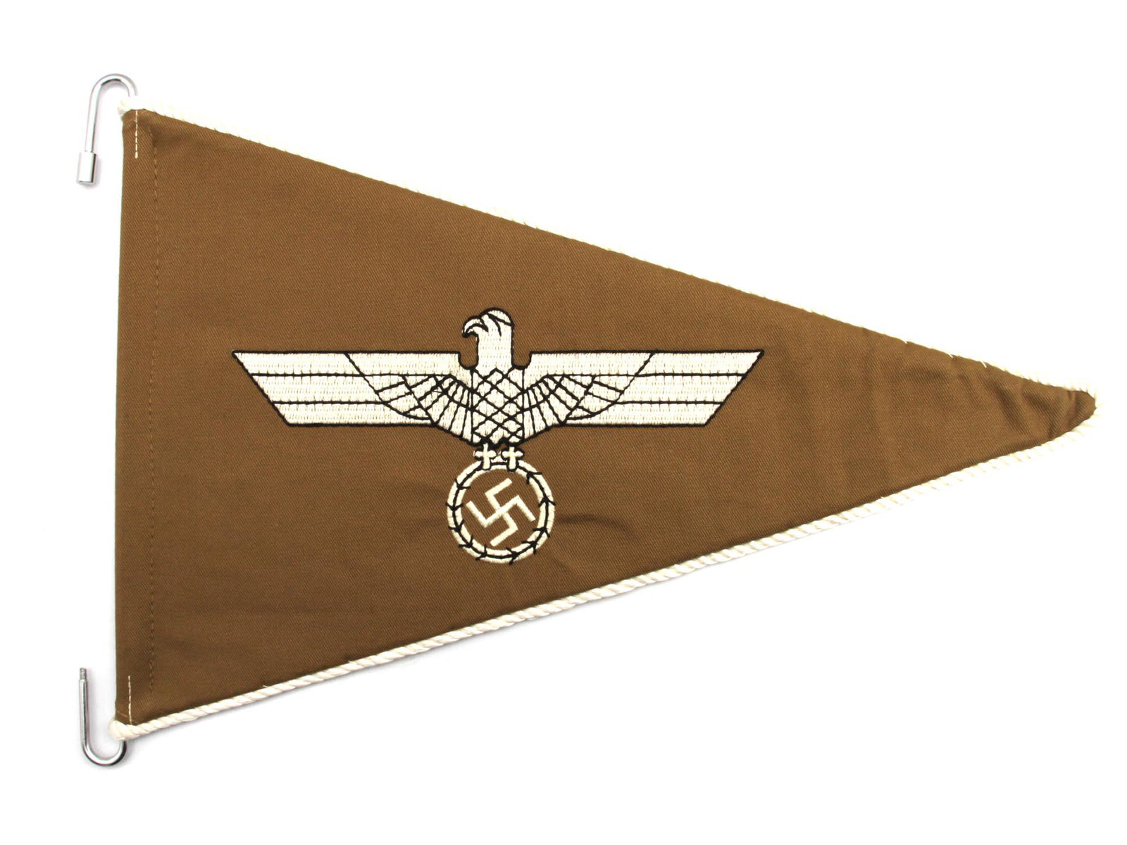 A THIRD REICH GERMAN AFRIKA KORPS VEHICLE PENNANT: A Third Reich WWII German Army Africa corps car pennant. Khaki colored cotton triangle detailed with white spiral piping and metal hooks for holding, with white embroidered image of the state symbol o