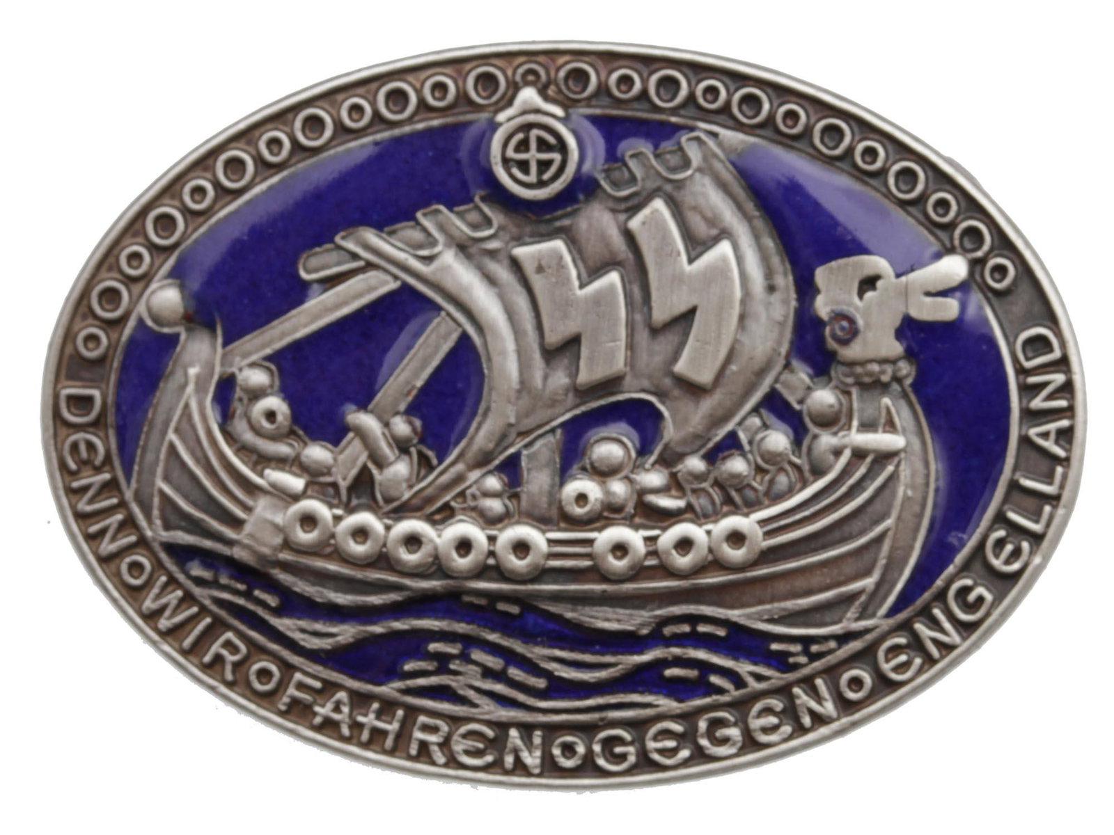 A GERMAN NAZI WWII SS DIVISION VIKING BADGE: A German Third Reich WWII SS Tank Division Viking badge enameled with blue color on the obverse with the image of the Viking ship with the SS sign with the double Sig rune on the sails, and the inscri