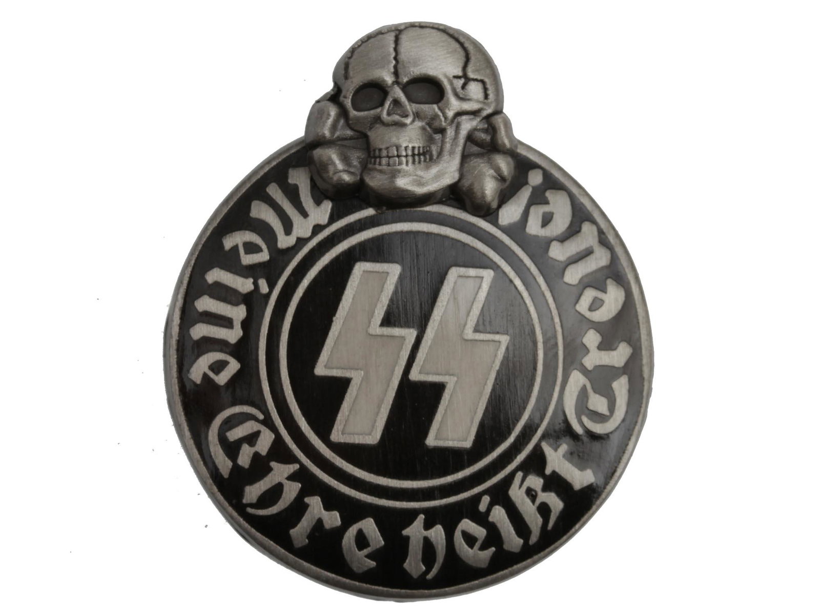 A WWII THIRD REICH NAZI WAFFEN SS NSDAP BADGE: A German Third Reich WWII Waffen SS NSDAP badge, with black enameled obverse with two Sig runes, a skull with bones Totenkopf, and inscription on German on the border - Meine Ehre heist Treue! My Hono