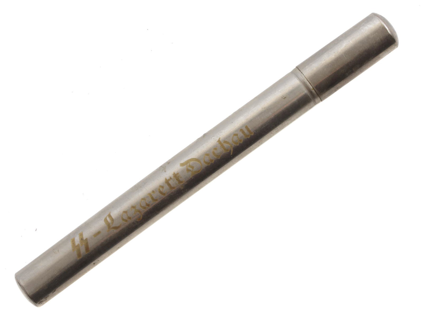 A WWII GERMAN DACHAU SS LAZARETT THERMOMETER CASE: A WWII case with a cap for a thermometer from the concentration camp Dachau (is about 16 km northwest of Munich in the state of Bavaria, in southern Germany) SS Lazarett. Engraved in gold: SS - Lazare