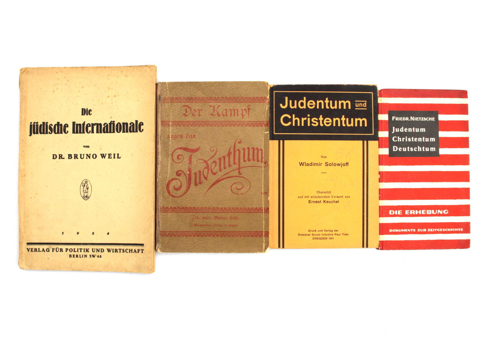 A SET OF FOUR PRE WWII GERMAN ANTI SEMITIC BOOKS: A set of four original German Anti-Semitic books. First: The Jewish International, Dr. Bruno Weil, Berlin, 1924, beige cover. Second: The struggle against Judaism, Gustav Stille, Leipzig, red and brow