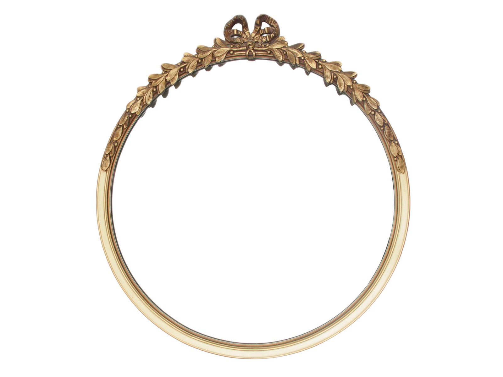 AN ANTIQUE FRENCH MIRROR IN A GILTWOOD FRAME: A Louis XVI style circular mirror with a giltwood frame decorated with ribbons. Circa the early 20th-century. Dimensions: 28 x 25 1/2 in.