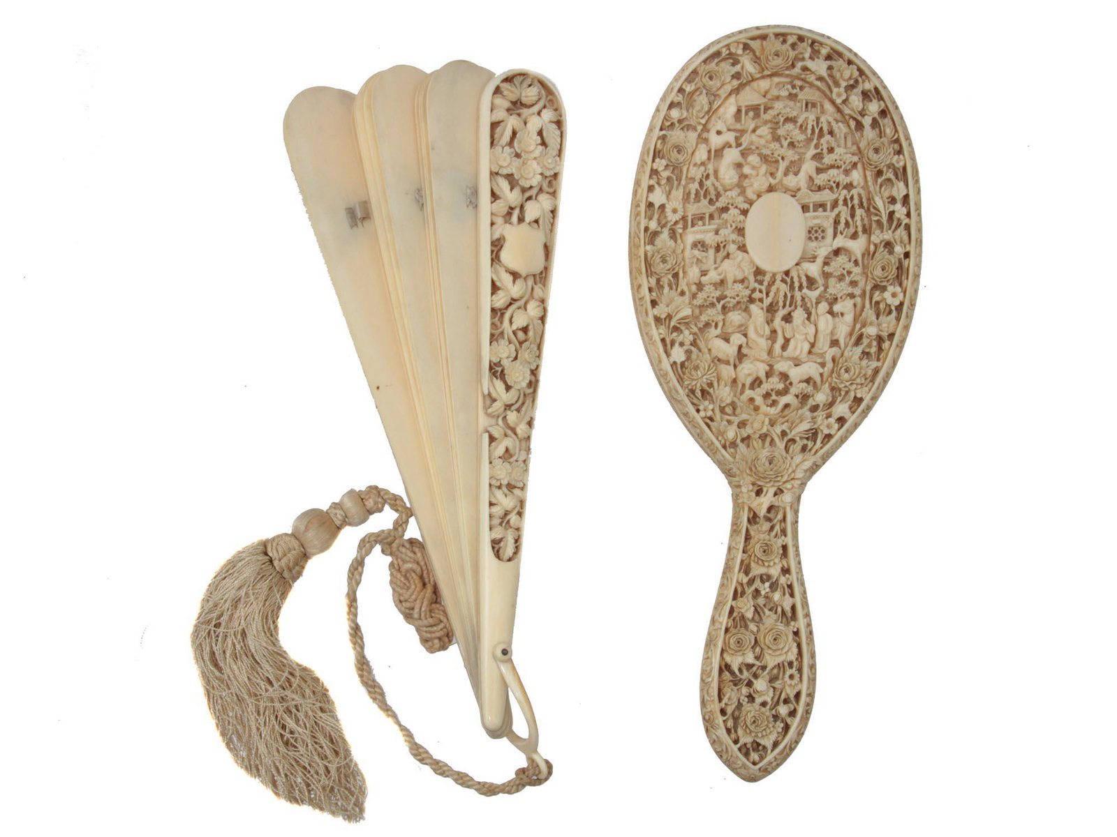 A CARVED CHINESE FAN AND MIRROR, 19TH CEN.: An antique Chinese export lace-work carved ""Lace"" Fan, with exquisite detailed figural motifs, many in an elaborate continuous landscape with trees and animals.Ca. late 19th cen. Dimensions: L: 10 1